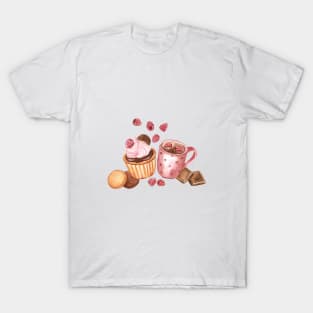 Raspberry cupcake and Hot Chocolate Watercolor Illustration T-Shirt